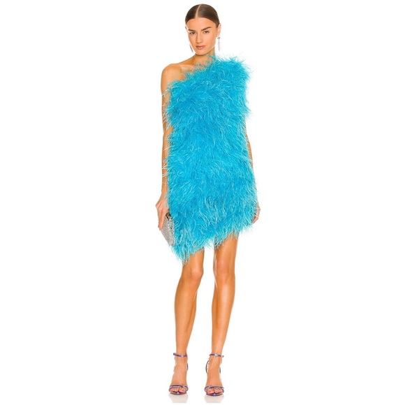 The Bar Dresses & Skirts - The Bar One Shoulder Ostrich Feather Andre Dress in Turquoise